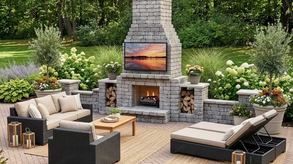Bremview TV fireplace kit on patio