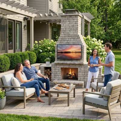 Small patio with TV fireplace