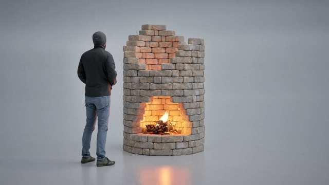 Fire Spire 7 foot tall round firepit with arched opening with 6' man for scale