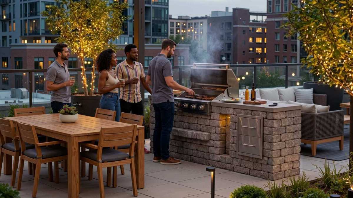 urban outdoor rooftop kitchen grill island stone gray