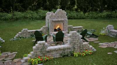 Outdoor folly featuring flagstone fireplace and seating nook.