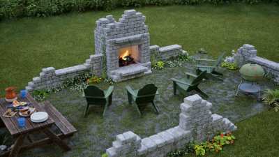 Rustic outdoor folly layout with multiple seating nooks.
