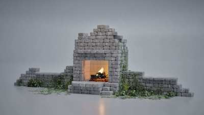 Fake ruins garden folly fireplace straight in Gray, shown with overgrowth.