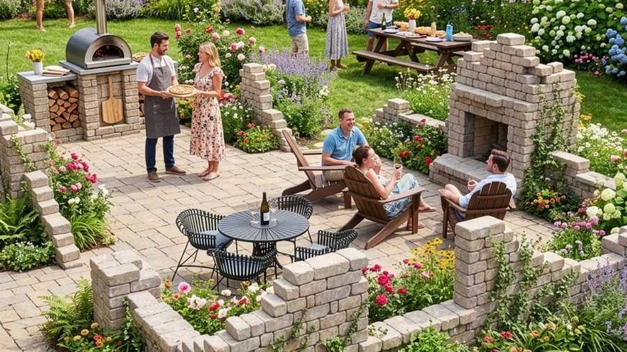 Heavily planted Garden Folly Ruins Patio
