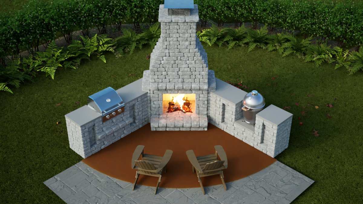 Trying to save too much space by placing a fireplace and grill station in the corner is not a good idea. The two people at the fireplace will be dealing with the grillmaster's butt in their face.