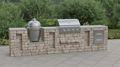 Large stone combo outdoor grill, island kit with Kamado grill, gas grill and storage.