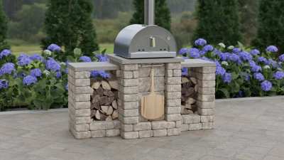 Stone outdoor kitchen module for a wood fired pizza oven and firewood storage.