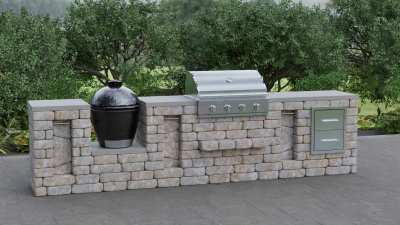 A modular outdoor kitchen grill island that combines a built-in gas grill and a Kamado smoker with added counter space and integrated storage in a balanced masonry layout.