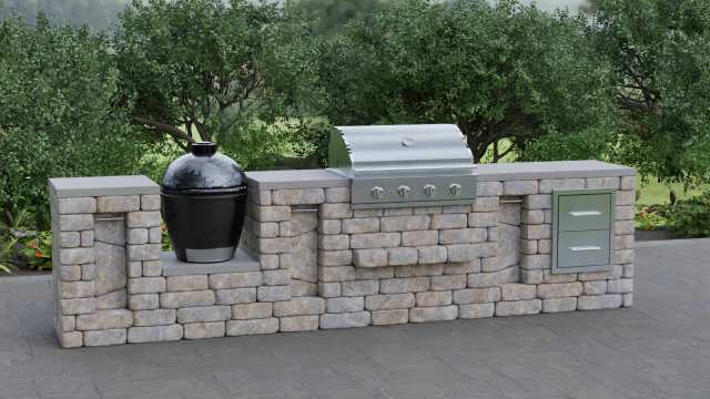Large stone Grill Island modular outdoor kitchen unit with gas Sizzler Grill and Primo Kamado smoker