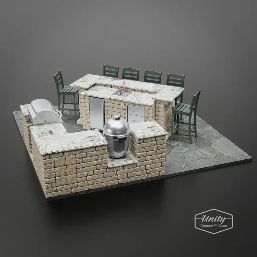 Corner outdoor kitchen with wrap around bar at 45 degree angle.
