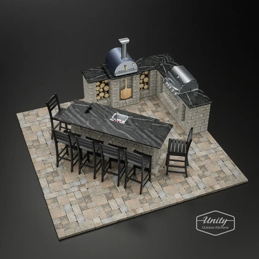 Outdoor kitchen with wood fired pizza oven and wrap around bar.