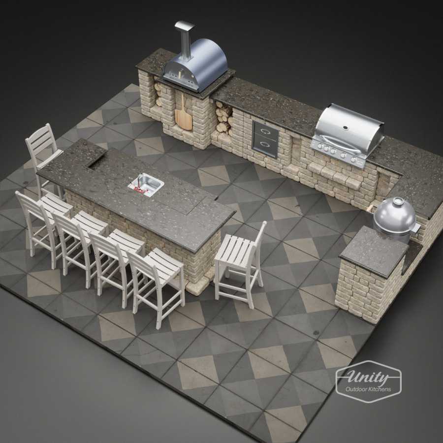 Extra large premium and professional stone outdoor kitchen layout.