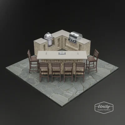 Predesign outdoor kitchen modules and layout for patio corners. 45 degree.