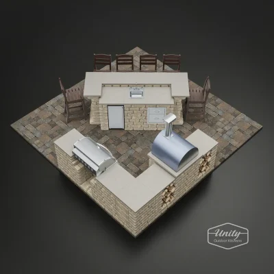 Corner layout outdoor kitchen design with wood fired pizza oven and elevated wrap around bar.