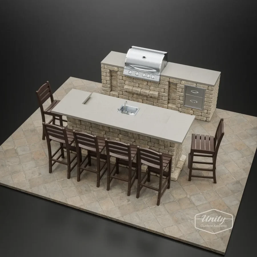 Compact entertaining space in a predesigned outdoor kitchen.
