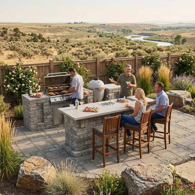 DIY stone modular kitchen with kamado and grill