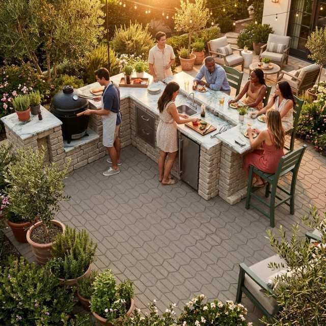 Modular stone outdoor bar and serving area