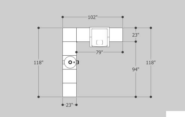 Overhead view of traditional wood-fired L-shaped kitchen layout with detailed dimensions for Kamado and pizza oven