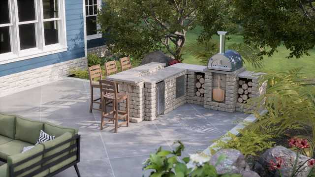 L-shaped outdoor kitchen with wood-fired pizza oven and bar seating, designed for authentic pizza making.