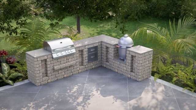 Compact L-shaped outdoor kitchen with grill island and Kamado, ideal for small patio spaces.