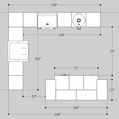Outdoor kitchen blueprints showing layout shapes, dimensions, appliance placement, and traffic flow