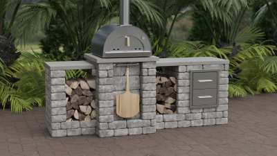 Wood fired pizza oven outdoor kitchen island module.