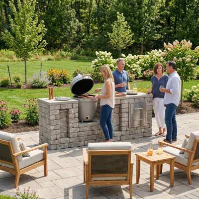 Compact grill island kit with stone modules, gas grill, counter space, and patio seating