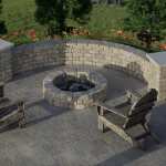 Overhead view of curved seat wall and fire pit on patio.