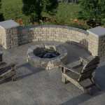 Small affordable curved seat wall surrounding a fire pit kit shown in tan stone.