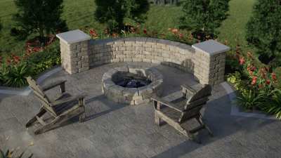 Small curve seat wall surrounding a fire pit kit shown in tan stone.