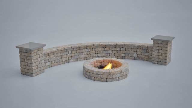Sternbridge wide stone seat wall with firepit