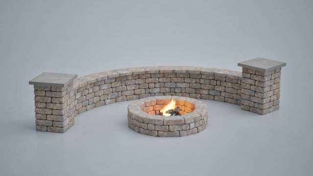 Large Curved Seat Wall with Fire Pit seating area stone kit