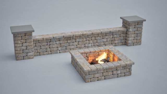 straight Stone Fire Pit and Seat Wall outdoor seating area