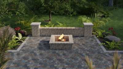 Straight seat wall with piers and square fire pit kit mockup.