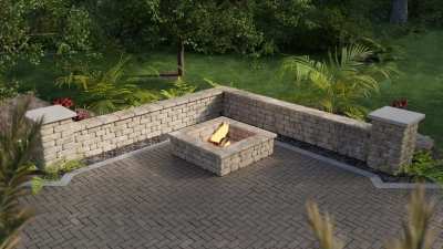 Large corner seat wall and fire pit kit for large patio corners.