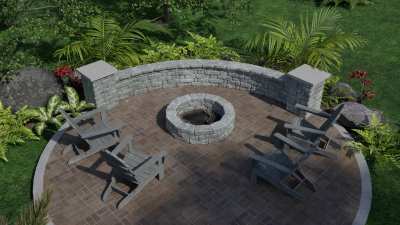 Large stone seat wall and round fire pit kit design.