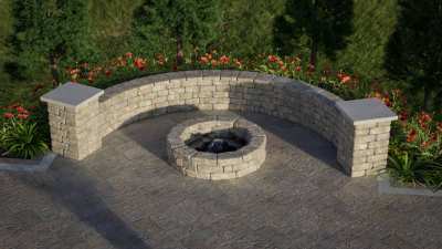 Landscape seat wall and fire pit area round creates an impressive outdoor gathering space.