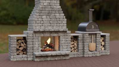DIY-friendly pizza oven installed connected to a backyard patio fireplace for a unique cooking and gathering experience