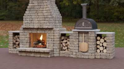 Outdoor stone fireplace and pizza oven combo