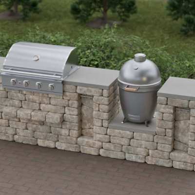 Overview Shot of affordable outdoor combo grill Island with Gas Grill and Kamado Grill.