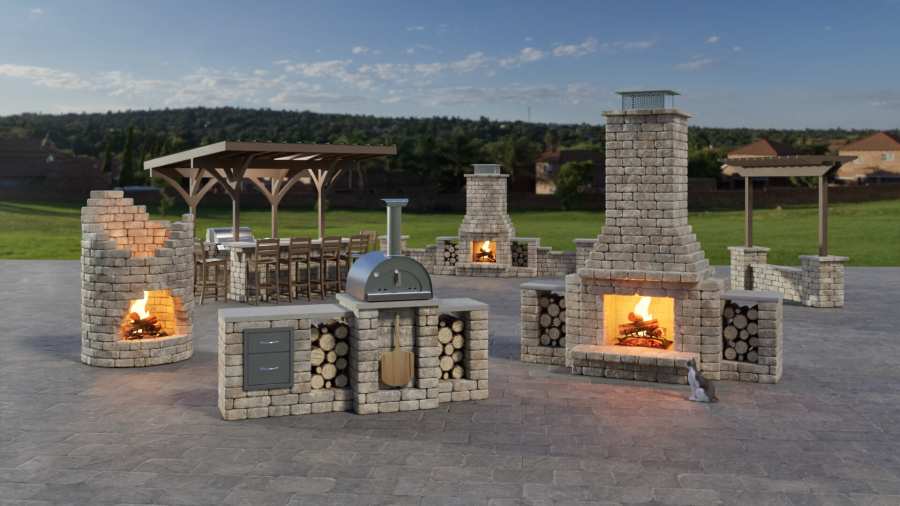 Lot of outdoor easy-to-build hardscape fire pit kits by cornerstone.