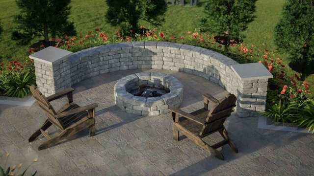 Overhead view of large stone seatwall and round fire pit.