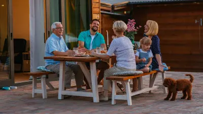 Family size, outdoor seating and bench.
