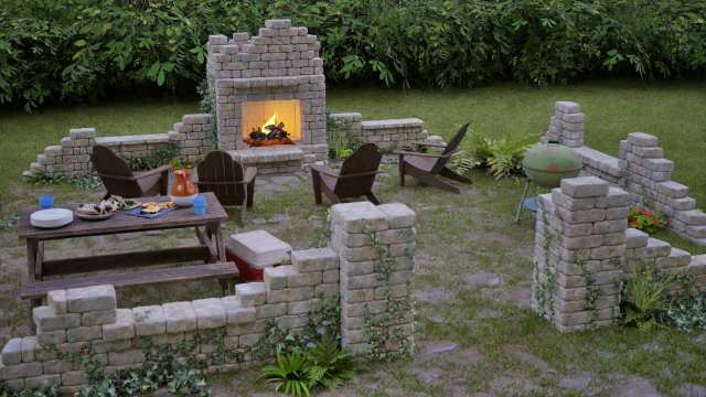 Garden Follies Architectural ruins kits featuring fireplace and entrance.