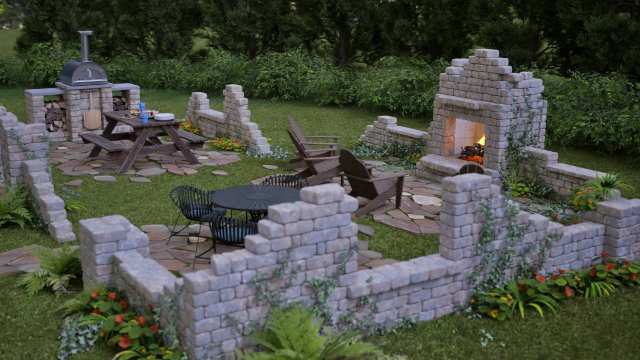 Garden Folly Architectural ruin outdoor patio design featuring large room wall and corner.