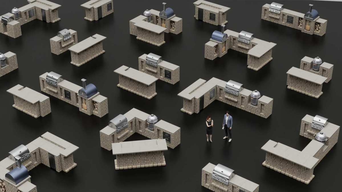 Two people choosing from many outdoor living configurations.