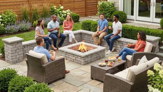 Corner fire pit gathering grey stone