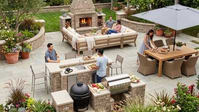 Full backyard patio with fireplace kitchen bar