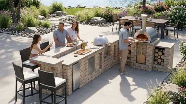 L-Shaped outdoor kitchen with pizza oven