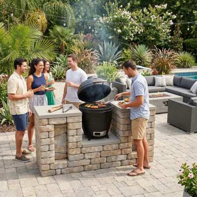 Modular kitchen unit for kamado smoker and grill